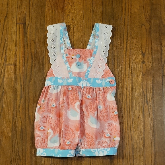Eleanor Rose Peach and Blue Pinafore Romper for Playful Adventures - Picture 1 of 4